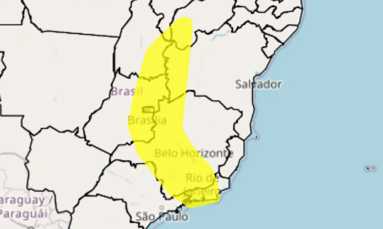 o mapa mostra &agrave;s &aacute;reas em alerta para chuva intensa e ventania
